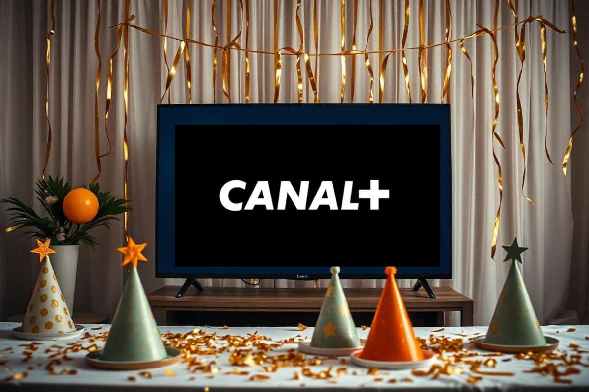 Chapeaux de fêtes et cotillons devant TV avec logo de Canal+, qui maintient son prix promo sur son meilleur abonnement pour ses 40 ans